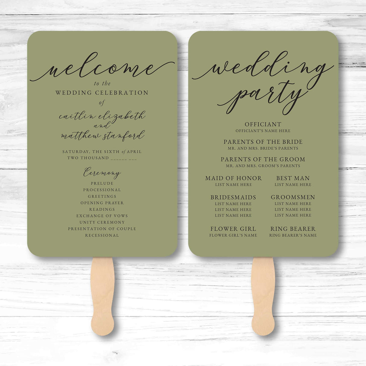 Minimalist wedding program fan with ceremony and wedding party details printed on both sides.