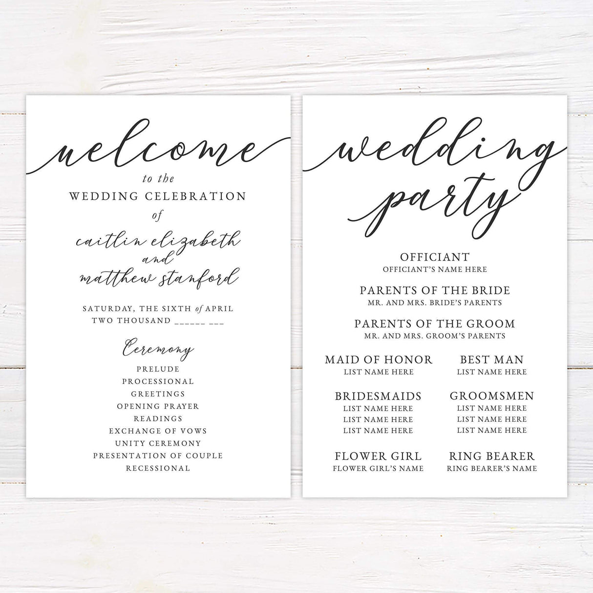 Wedding ceremony program with clean layout and slanted script accents matching the Slanted Script invitation suite.
