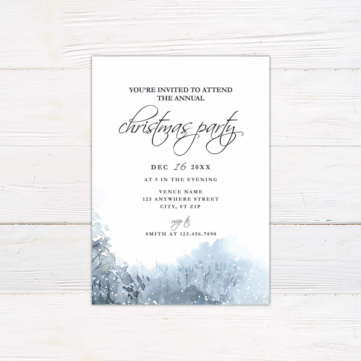 This is an elegant Christmas party invitation with calligraphy-style text and a soft wintery watercolor illustration of snow-covered trees at the bottom. The details of the event, such as date, time, venue, and RSVP information, are written in classic serif fonts.