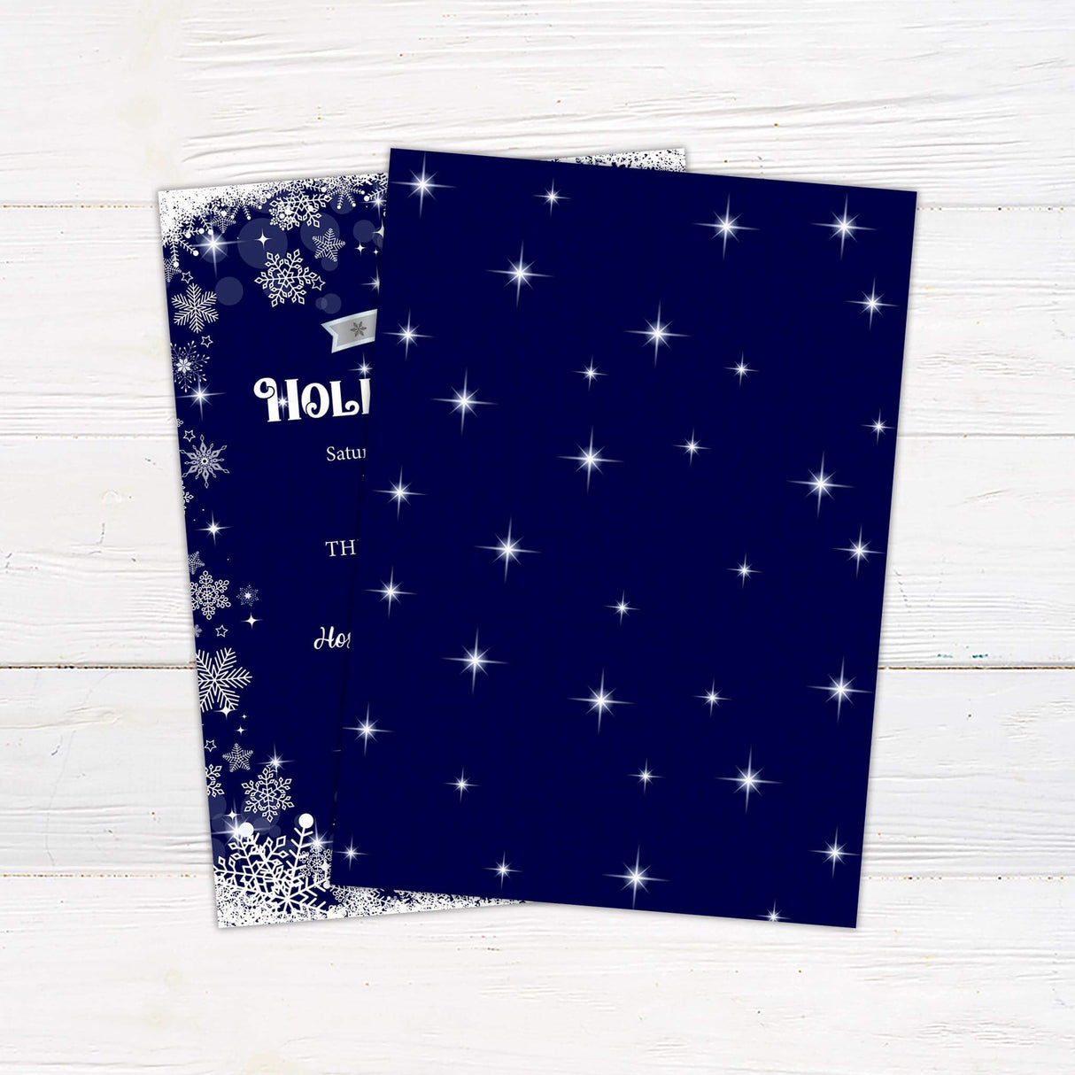 A holiday party invitation with bold festive text and a snowflake border. The design features a wintry theme on a dark background. - back side.