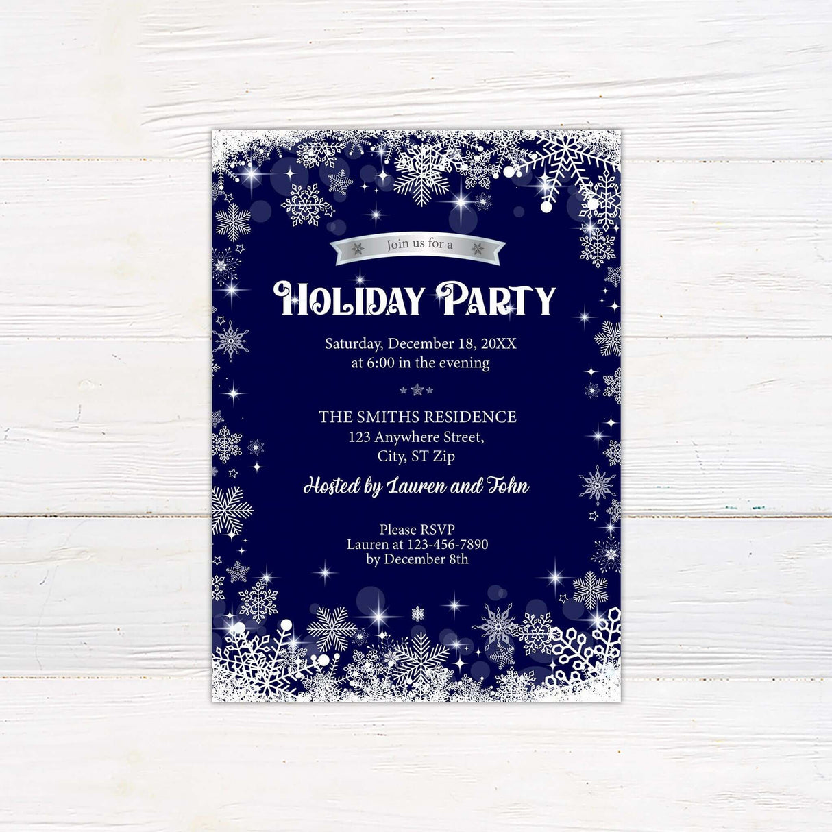 A holiday party invitation with bold festive text and a snowflake border. The design features a wintry theme on a dark background.