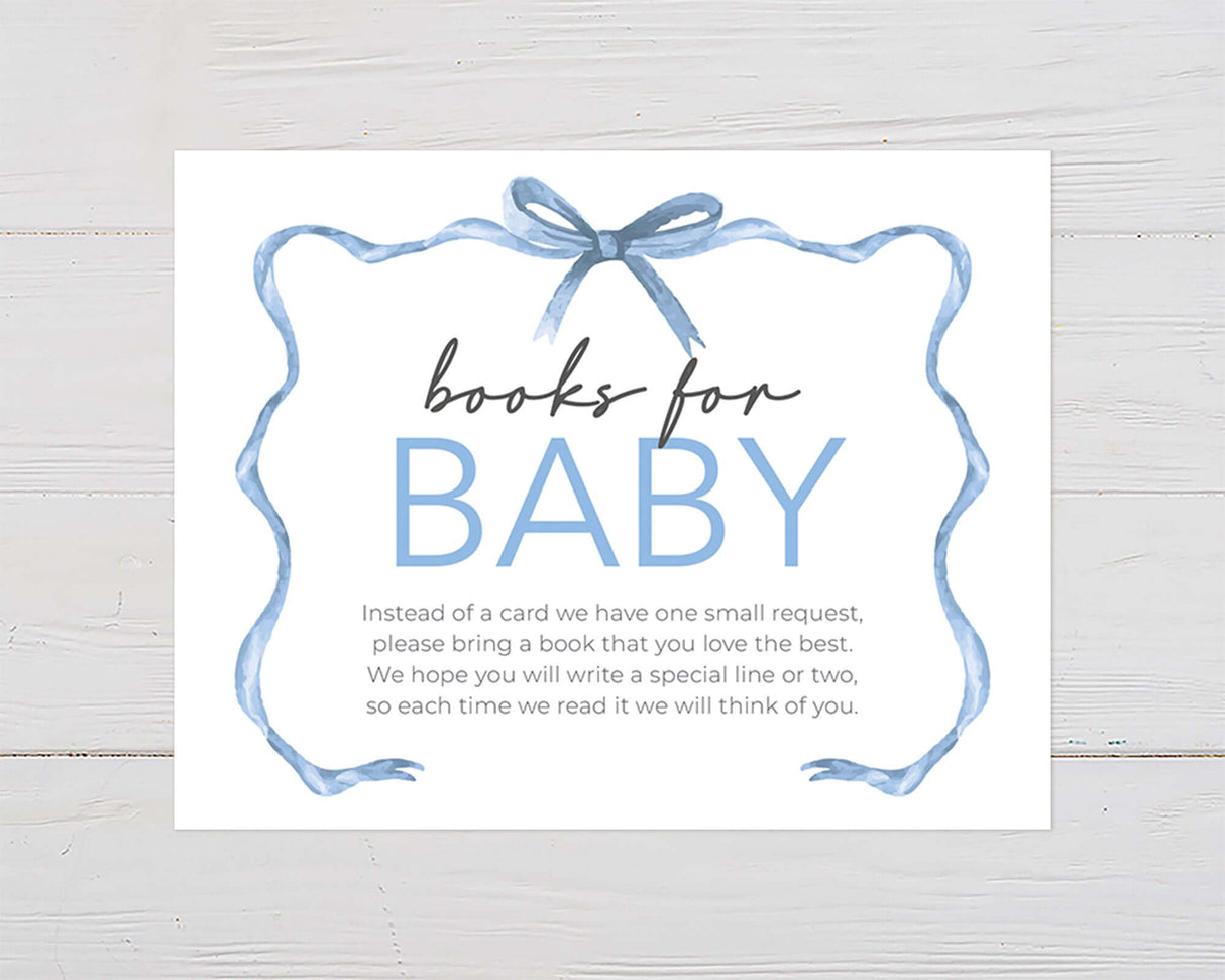 Books for Baby shower invitation with blue ribbon design, requesting guests to bring a book instead of a card.