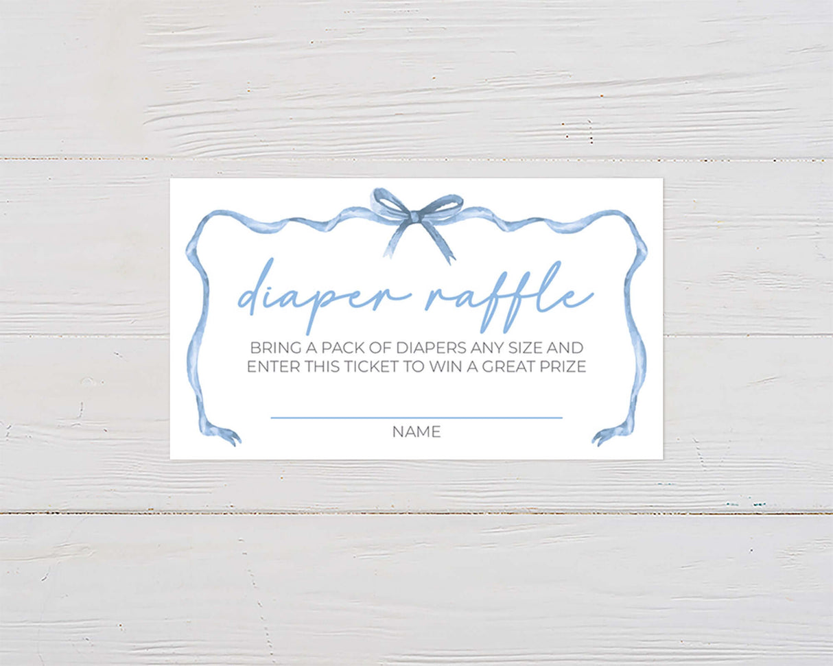 Diaper raffle invitation with hand-painted blue ribbon and elegant typography on white background.