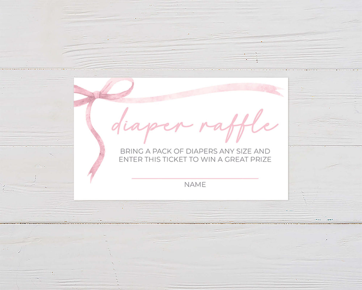 Pink diaper raffle ticket with watercolor ribbon design for baby shower invitation.