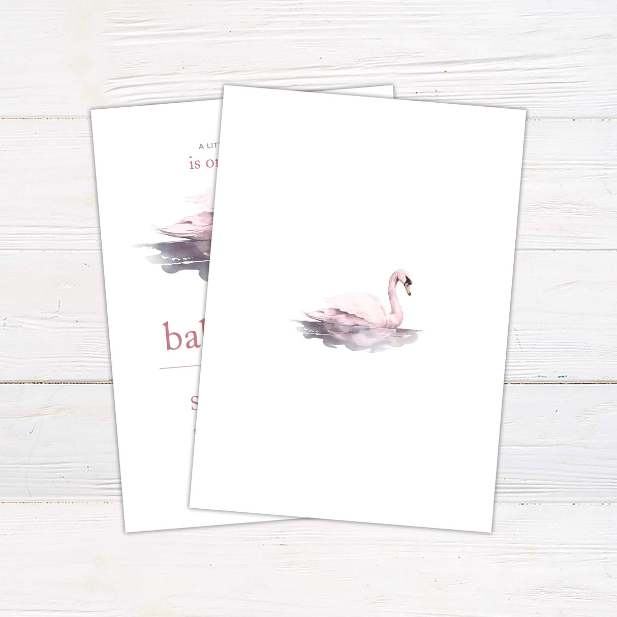 Elegant baby shower invitation featuring a soft watercolor swan floating on a reflective pond. The text is in a delicate pink font, announcing the celebration of a little princess on the way. The design includes event details such as date, time, location, and registry information. The layout is clean and sophisticated, perfect for a baby shower with a graceful and feminine theme. Back.