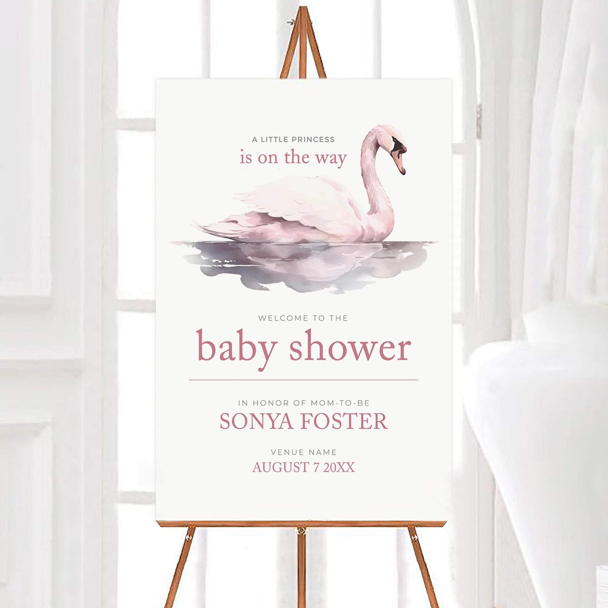 Elegant baby shower welcome sign featuring a graceful watercolor swan with soft pink accents. The sign includes a warm message celebrating the mom-to-be, event details, and a delicate, timeless design. Perfect for a sophisticated and memorable baby shower.