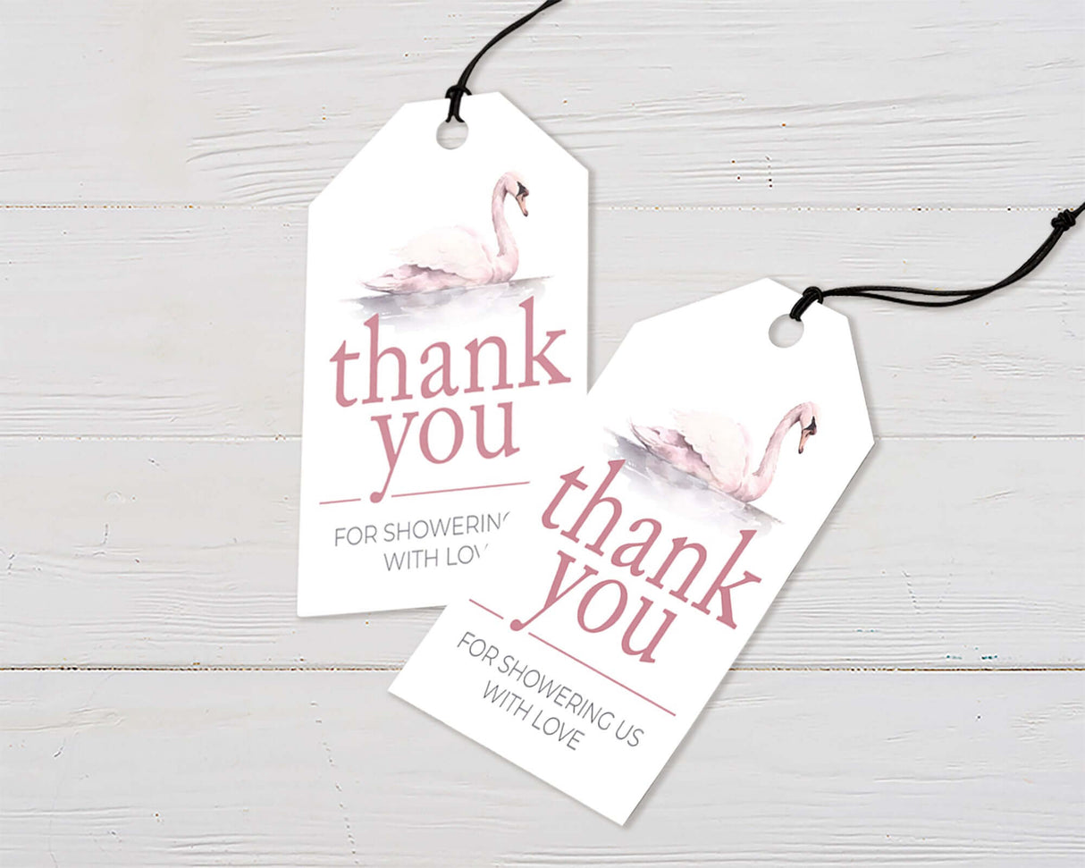 Soft pink swan thank you tags for baby shower gifts, elegant design for a graceful and charming celebration.