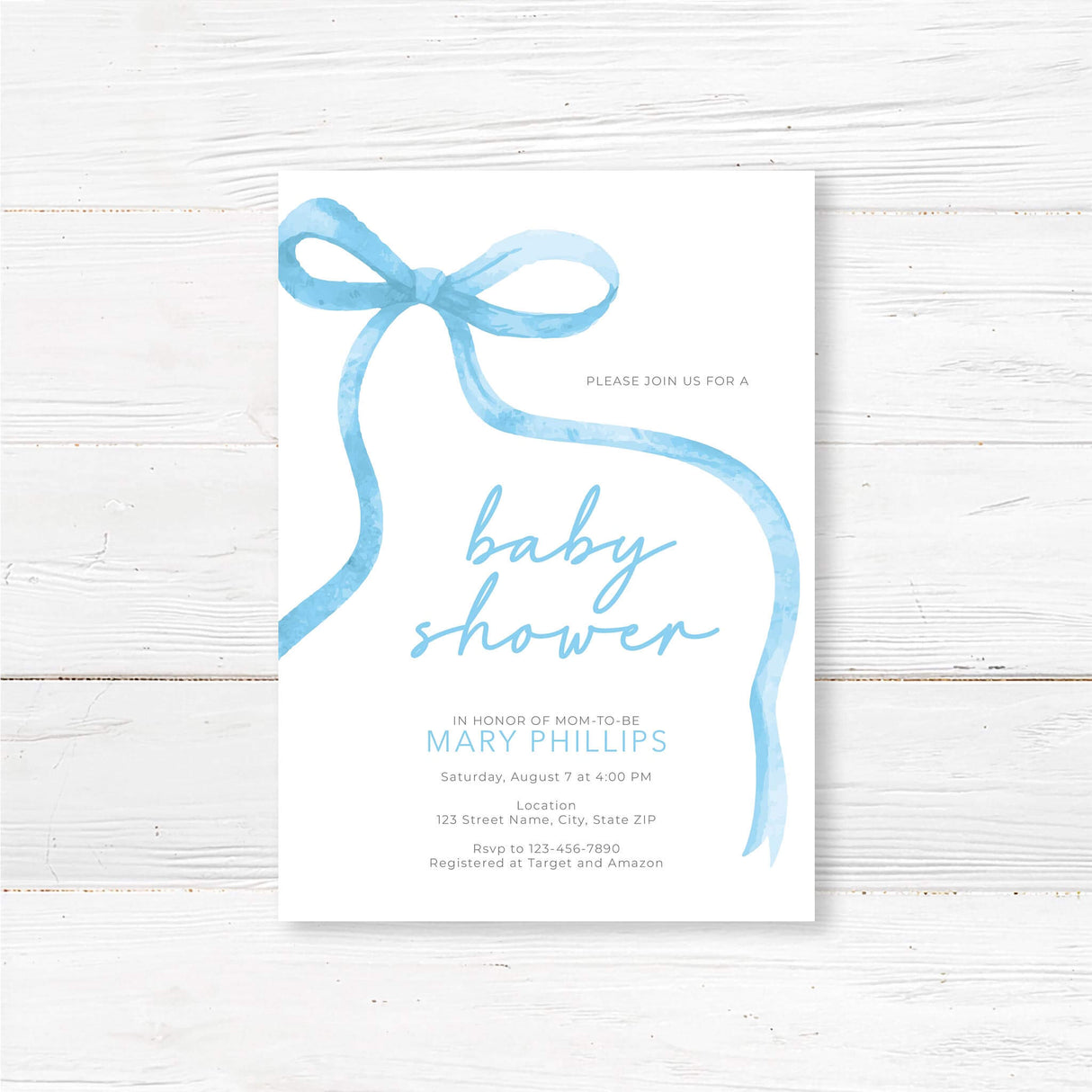 Soft Ribbon Baby Shower Invitation with blue watercolor ribbon and elegant typography on high-quality cardstock, perfect for celebrations.