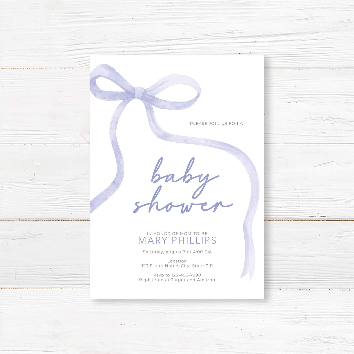 Soft Ribbon Baby Shower Invitation with watercolor ribbon and elegant typography on high-quality cardstock, perfect for celebrating a mom-to-be.