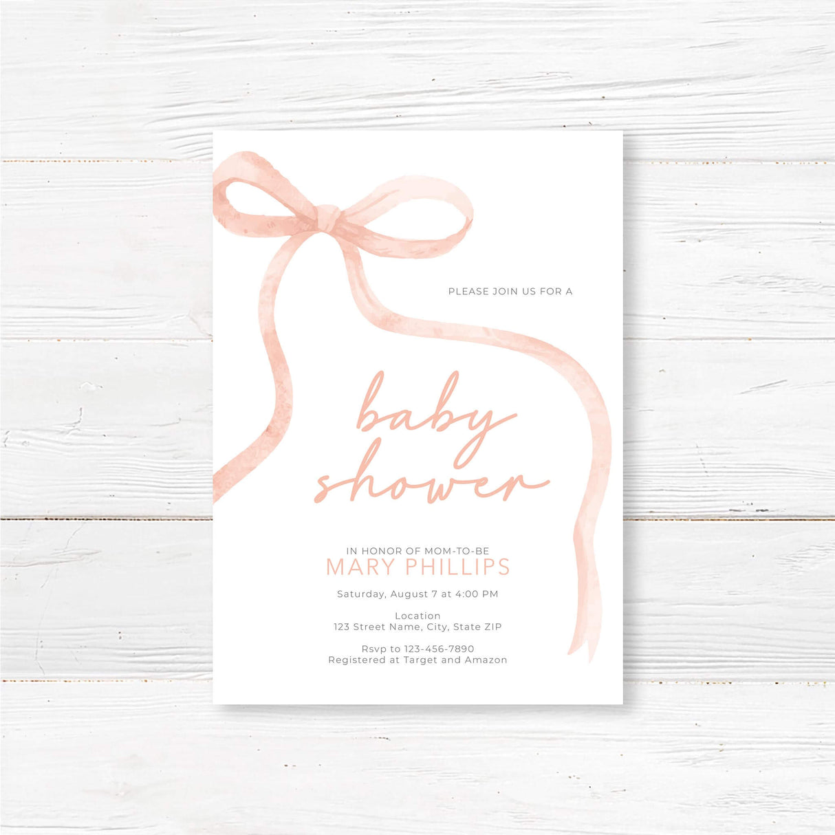 Soft Ribbon Baby Shower Invitation with watercolor ribbon and elegant typography, printed on high-quality cardstock with event details.