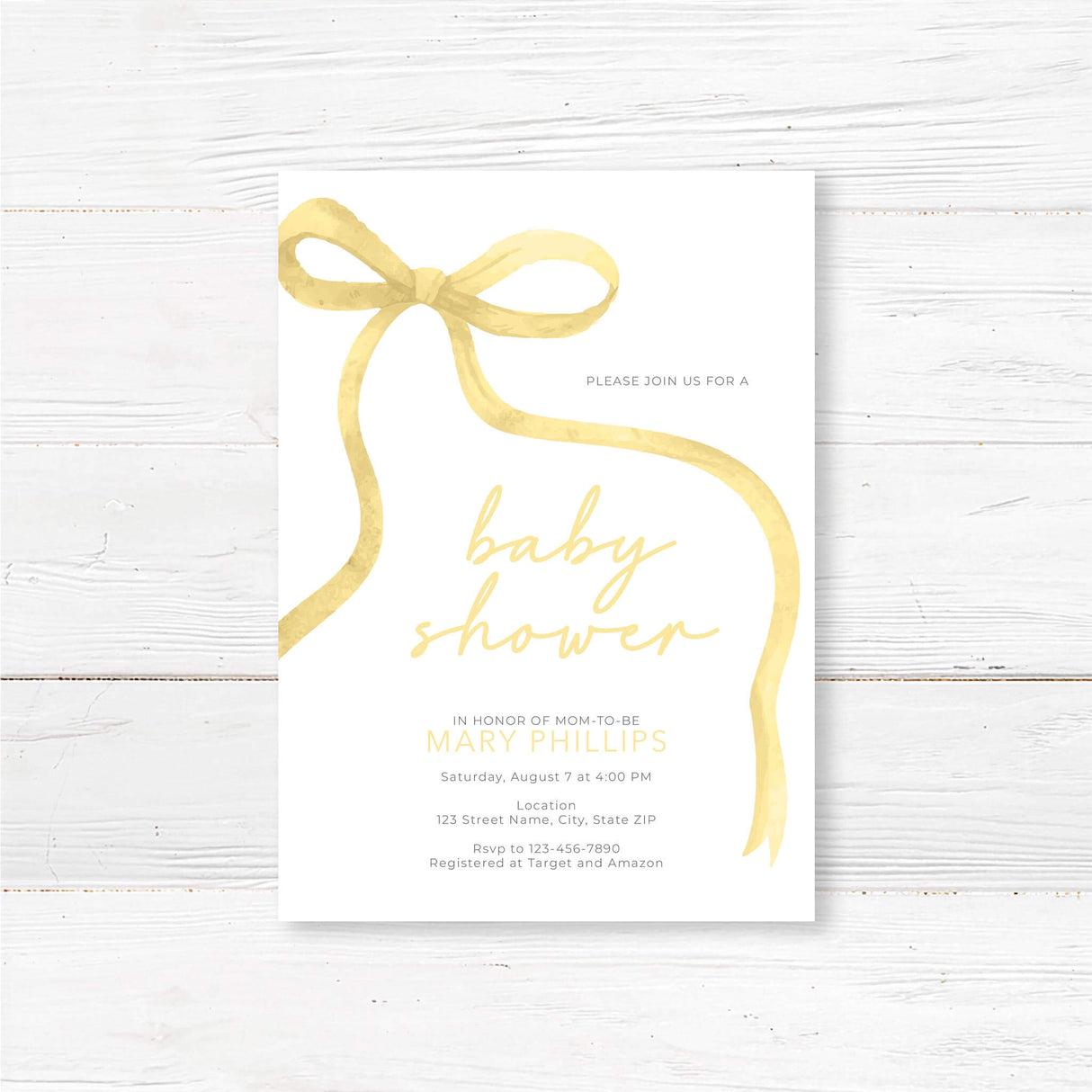 Soft Ribbon Baby Shower Invitation with watercolor ribbon and elegant typography on white cardstock for a mom-to-be.