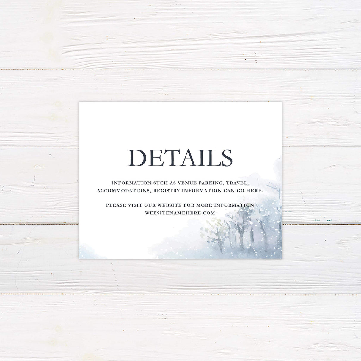Minimalist detail card with soft snowfall illustration and modern serif font, coordinating with the Soft Snowfall wedding suite.