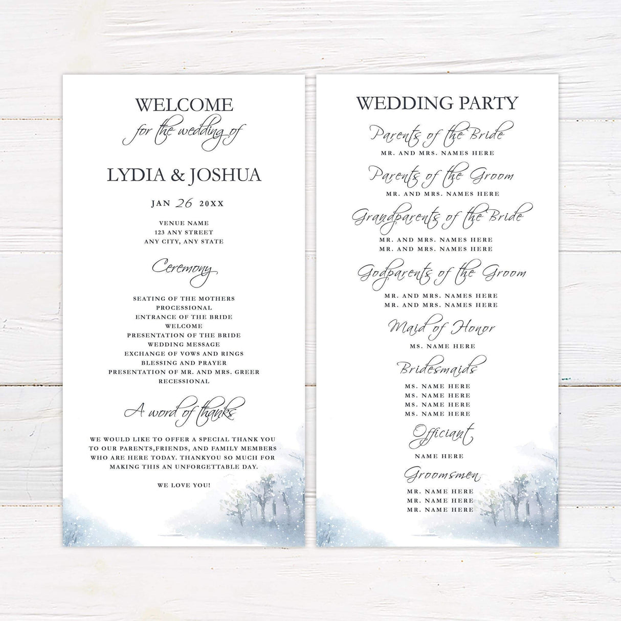Winter wedding program with snowy background and classic fonts from the Soft Snowfall invitation suite.