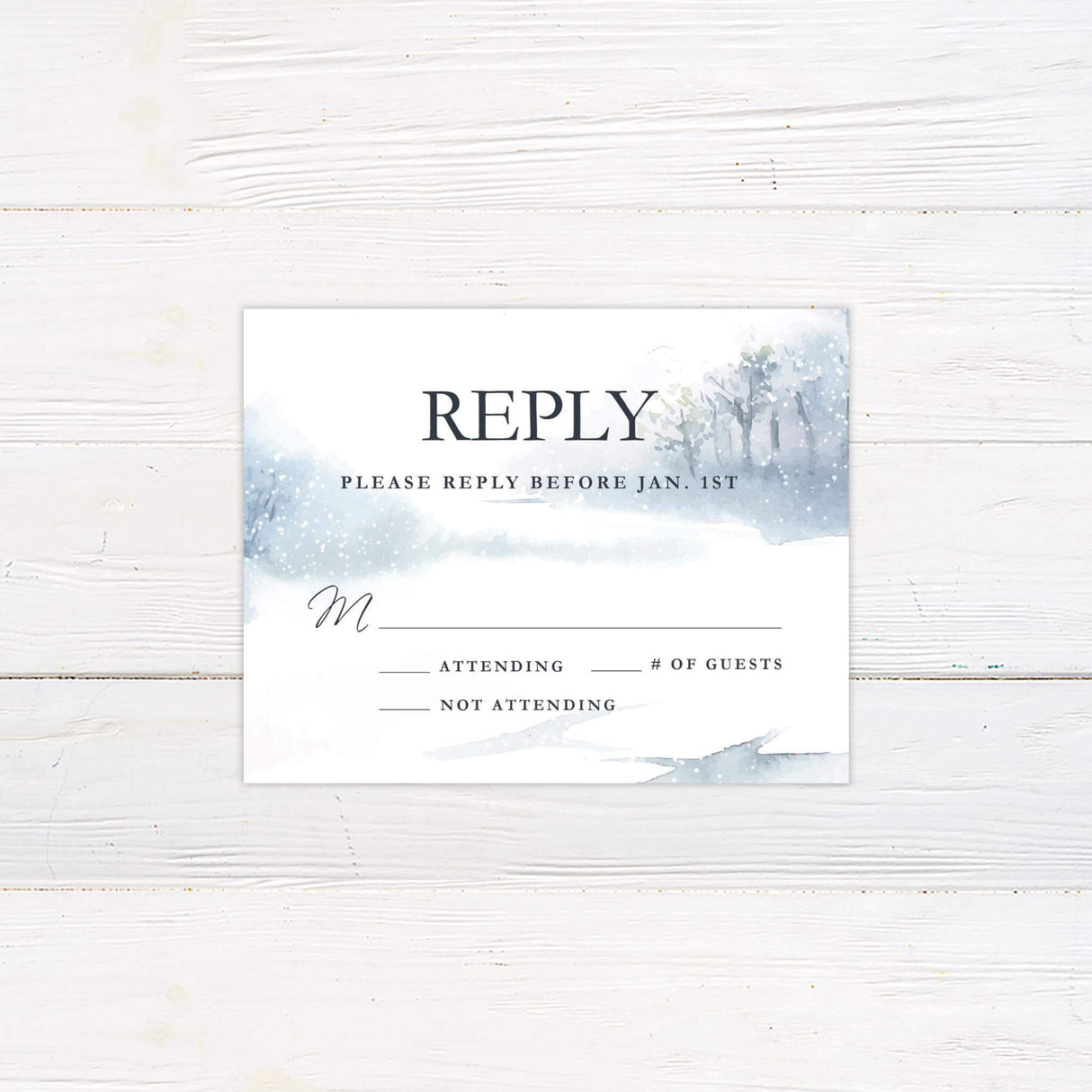 Winter-themed RSVP card with snowy watercolor background and elegant serif text from the Soft Snowfall suite.