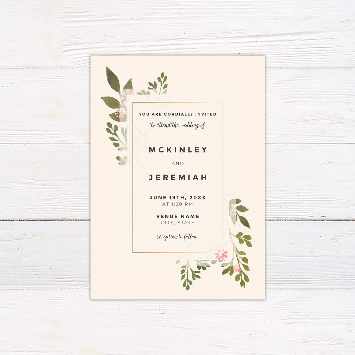 Modern botanical wedding invitation with watercolor greenery and pink floral accents on soft cream background with classic and script fonts.