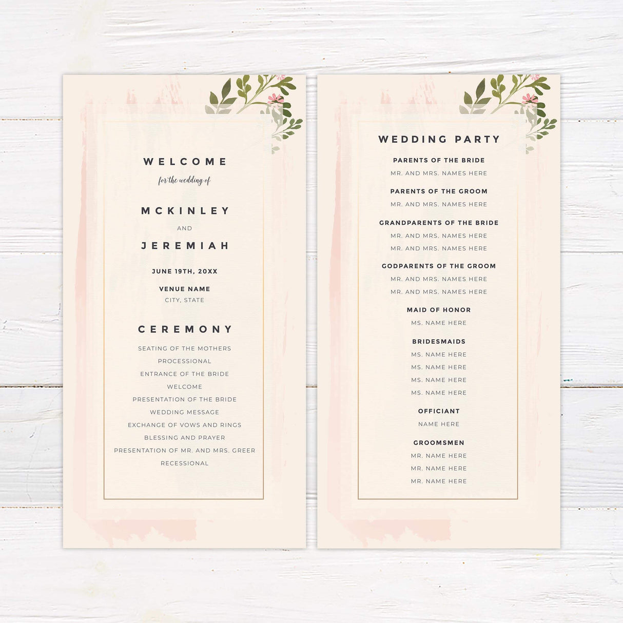 Wedding program with soft floral design and modern layout, coordinated with the Soft Touch suite.