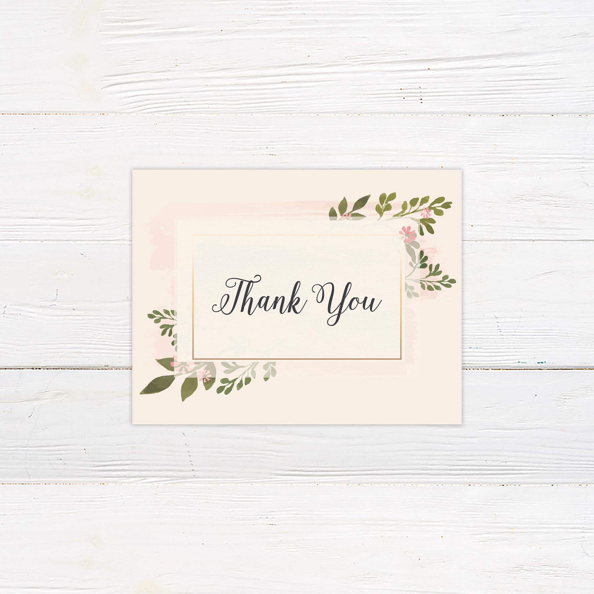 Thank you card with greenery and pink florals, designed to match the Soft Touch wedding invitation set.