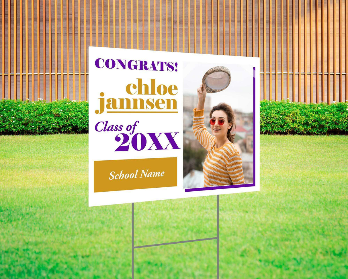 Fun and bold graduation yard sign with a split design featuring a photo on one side and playful, high-contrast text on the other. Includes "Congrats!" message, custom class year, and school name. Printed on durable Coreplast plastic, perfect for outdoor celebrations, driveways, and front yards. purple and gold