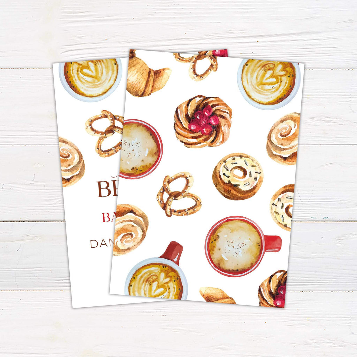 Baby shower invitation with a cozy coffee and pastry theme. Features watercolor illustrations of a red coffee cup, latte art, croissants, cinnamon rolls, pretzels, and cookies on a light background. The phrase "A Baby is Brewing" is written in elegant script, with event details such as date, time, location, and RSVP information displayed in a mix of serif and script fonts. The warm tones and inviting design create a charming and stylish invitation, perfect for a coffee-inspired baby shower. Back.