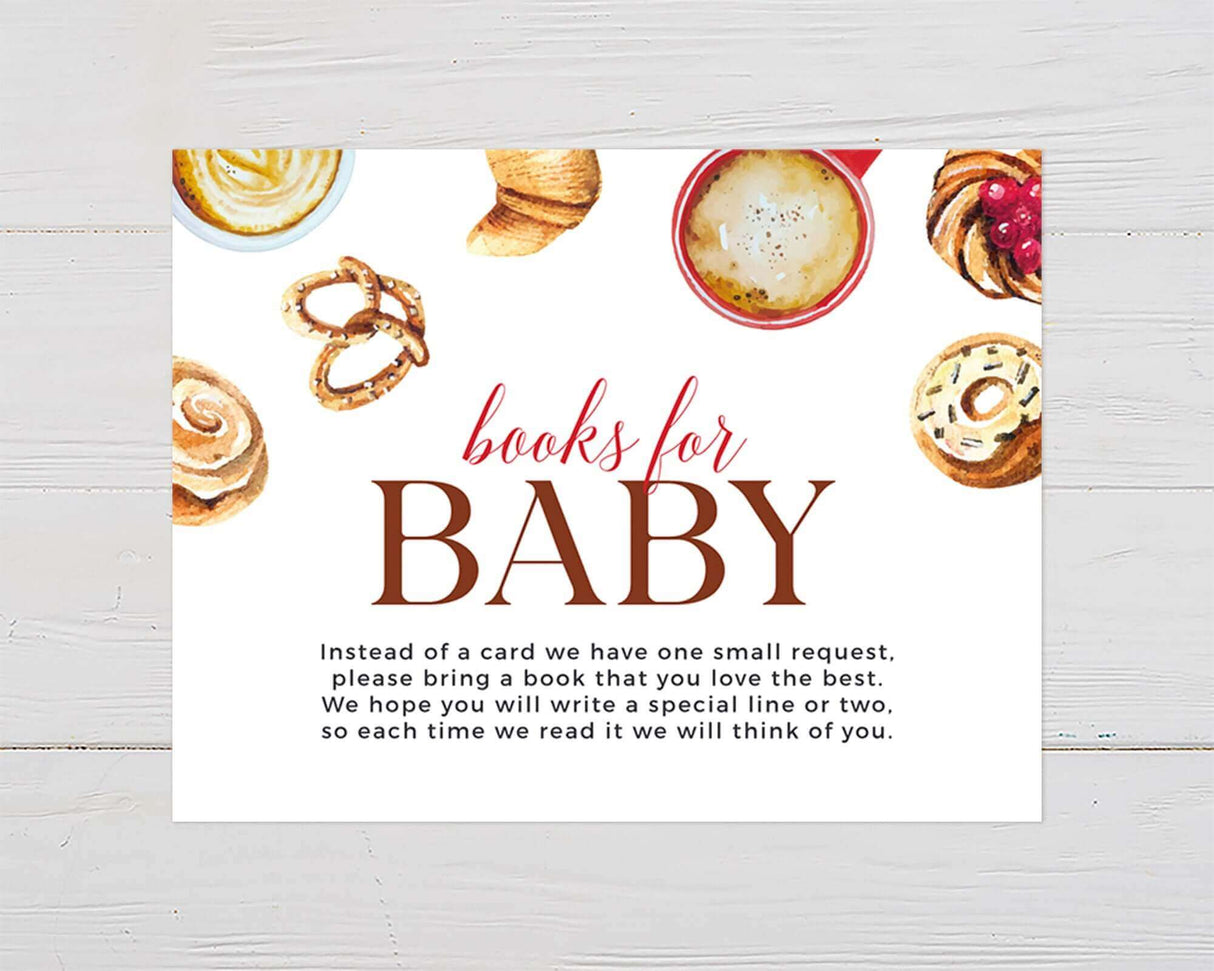 Books for Baby card with watercolor pastries and coffee design for baby shower invitation