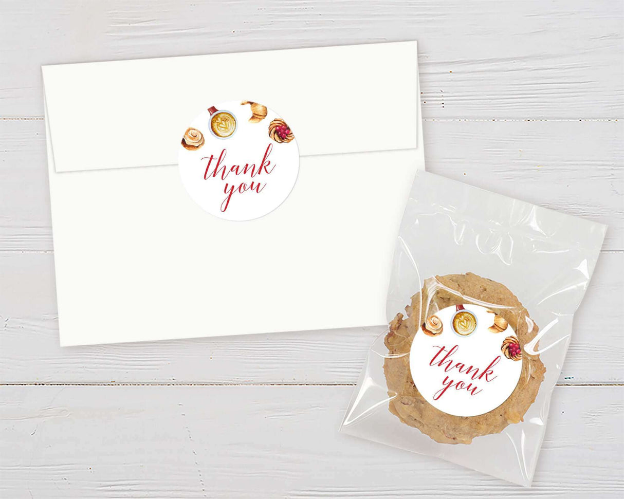Thank you sticker on cookie packaging and envelope with baked goods theme, featuring illustrations of pastries and elegant script.