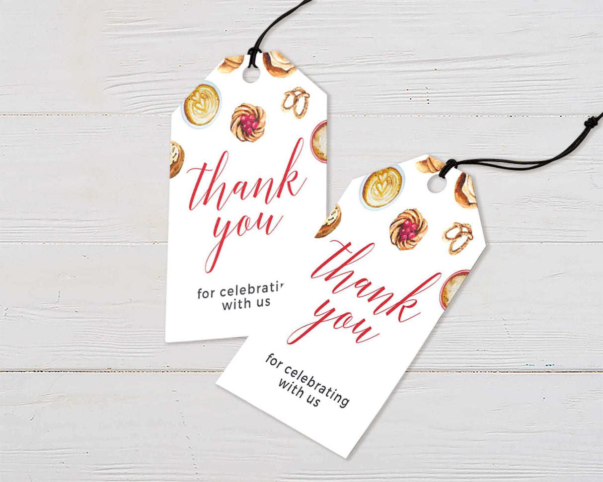 Thank you tags with coffee theme and watercolor illustrations for baby shower favors.