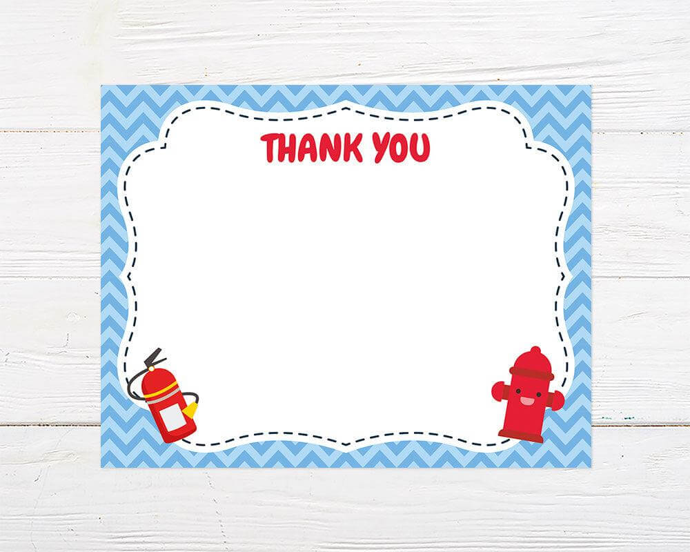 This thank you card features a red fire extinguisher and a smiling fire hydrant with a playful blue chevron background. The design is bright and fun, ideal for a fireman-themed celebration.