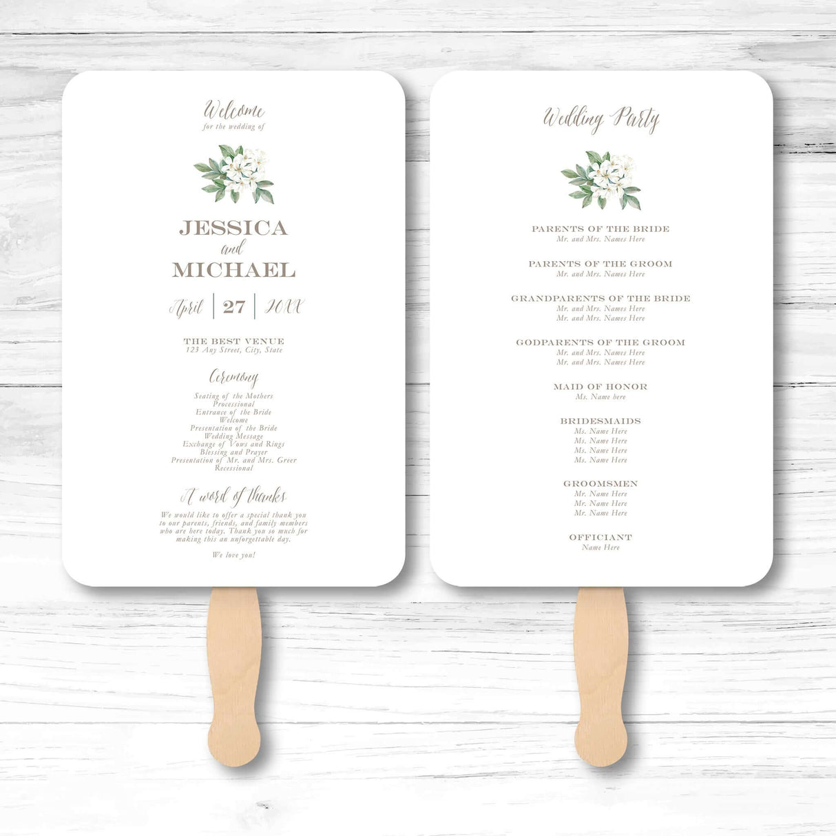 Botanical greenery wedding program fan with vine illustration, wooden handle, and double-sided layout for ceremony details and wedding party info
