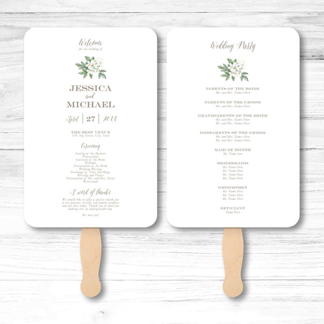 Botanical greenery wedding program fan with vine illustration, wooden handle, and double-sided layout for ceremony details and wedding party info