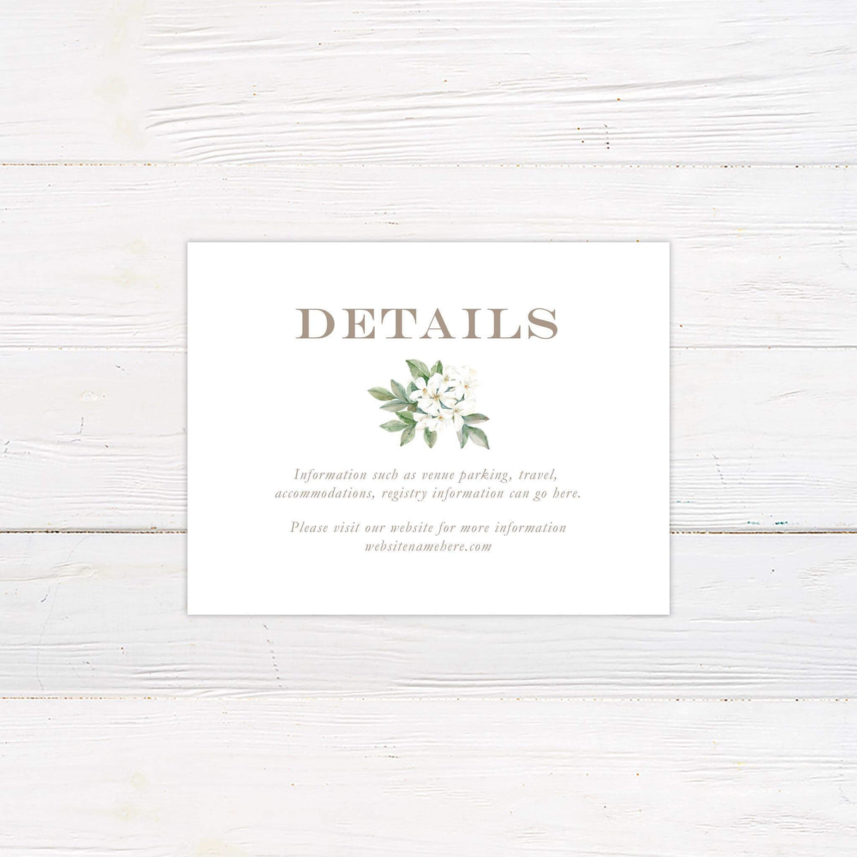 Detail card with botanical accents and classic fonts from the Southern Belle invitation set.