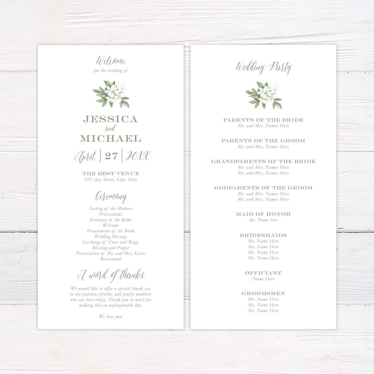 Wedding program with coordinating green foliage and elegant typography.