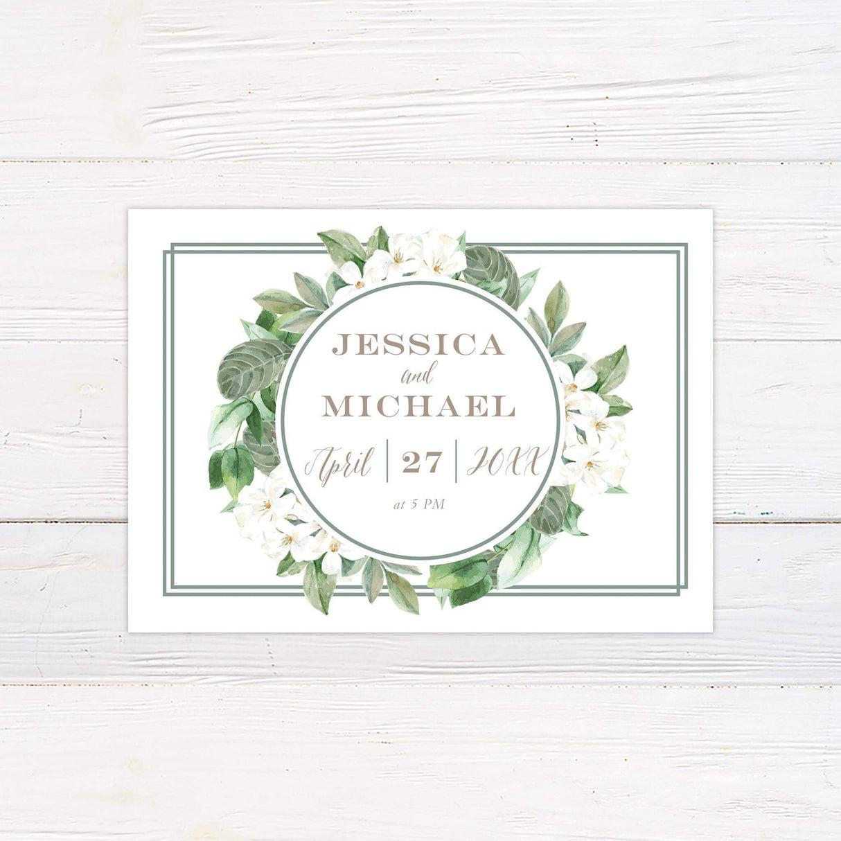 Save the Date card with matching watercolor greenery and floral design from the Southern Belle set.