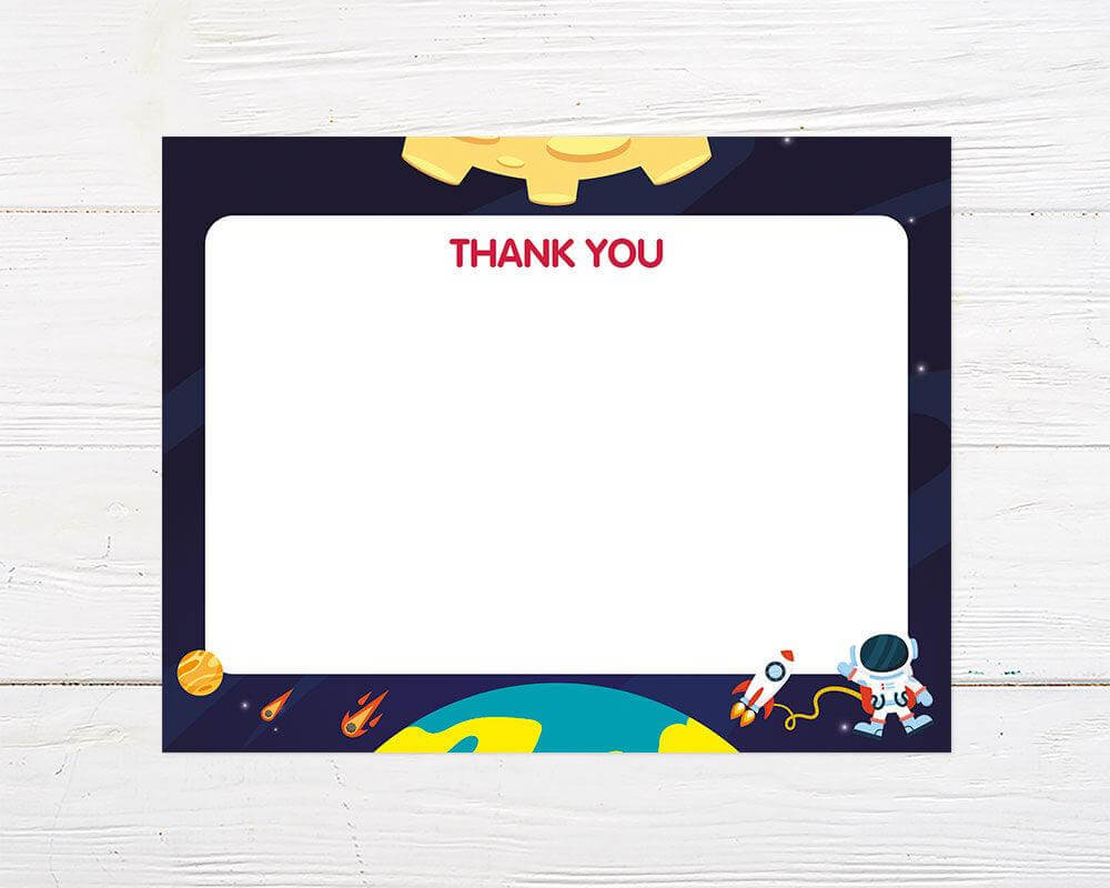 A colorful thank you card with a space theme, featuring an astronaut, rocket, planets, and meteors around a white space for writing. The background includes a yellow moon at the top and a view of Earth at the bottom.