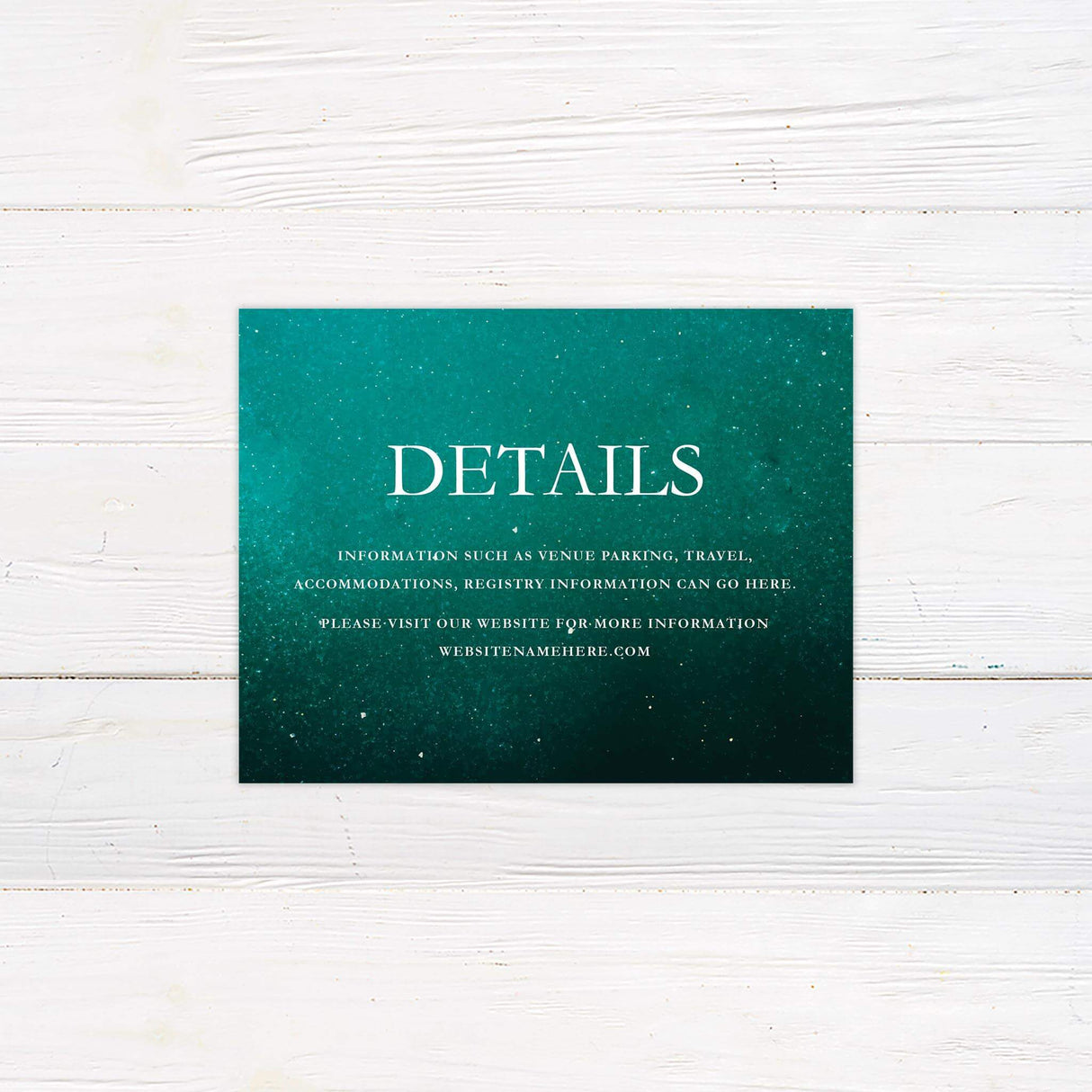 Detail card featuring coordinating green shimmer design and classic typography.