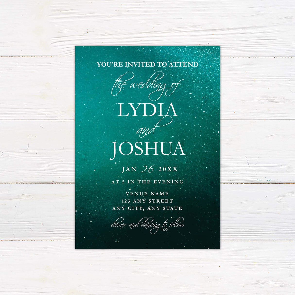 Elegant wedding invitation with a sparkling emerald green background and classic white serif and script fonts.