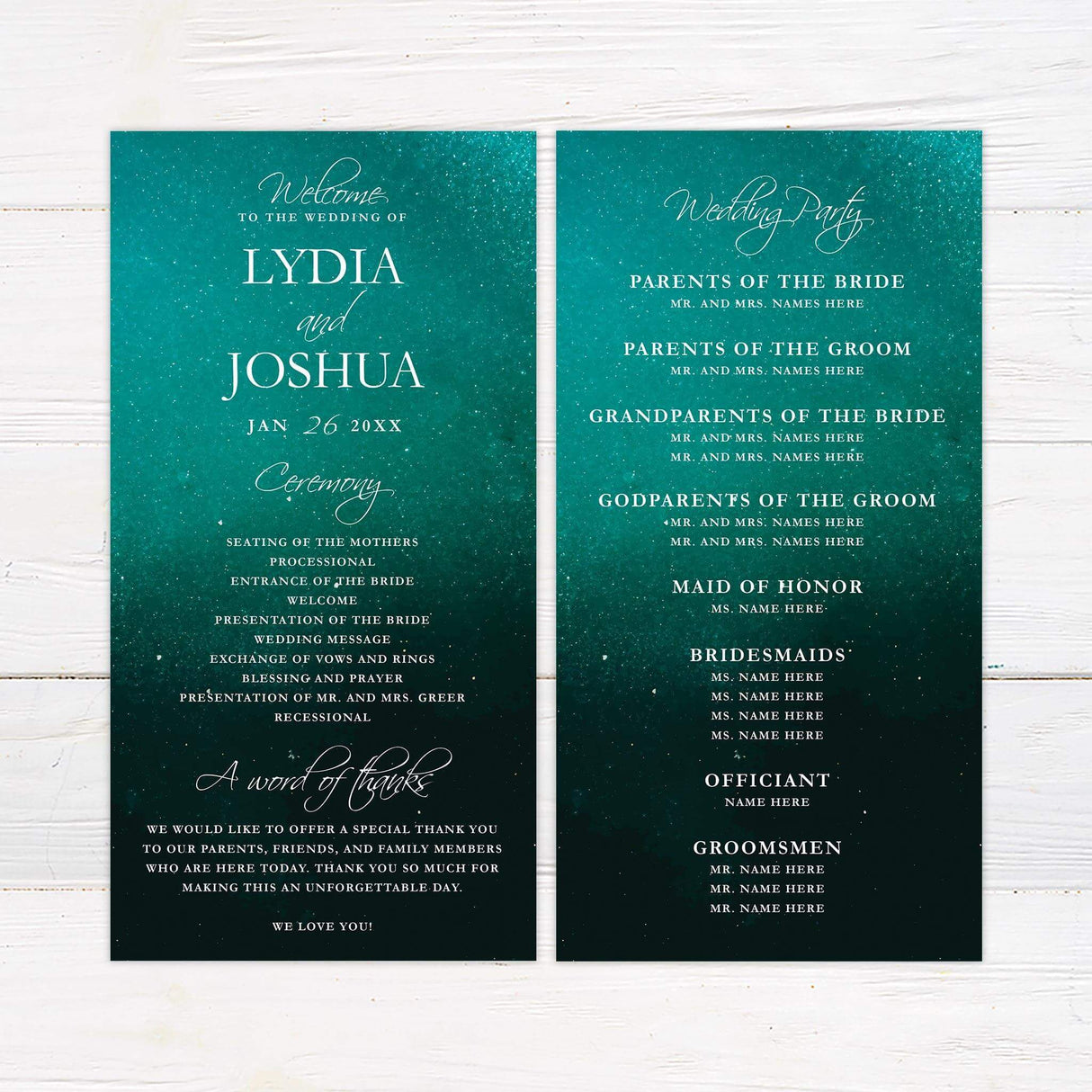 Wedding program with bold emerald tones and elegant script, matching the invitation.