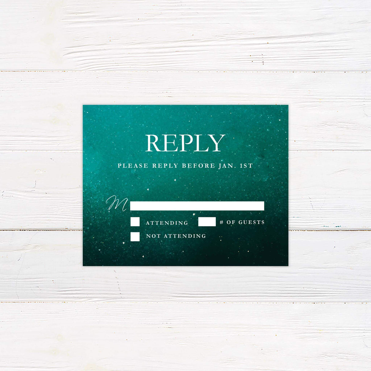 RSVP card with matching emerald green background and elegant white fonts from the Sparkling Emerald suite.