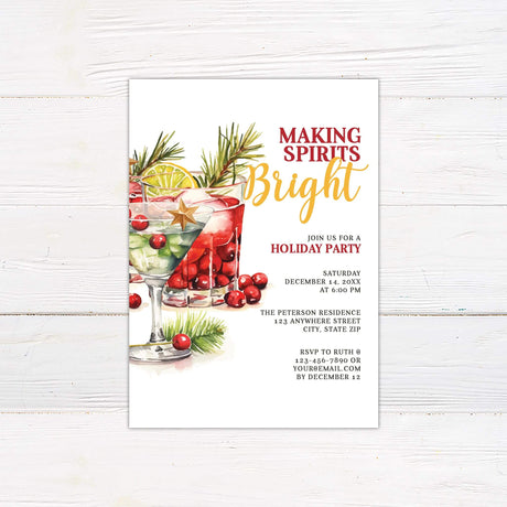 Watercolor holiday party invitation featuring festive cocktail glasses with cranberries and pine, and the phrase “Making Spirits Bright” in red and gold typography.