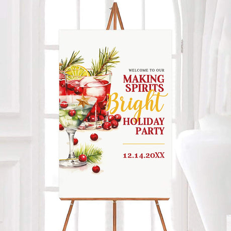 Watercolor holiday party invitation featuring festive cocktail glasses with cranberries and pine, and the phrase “Making Spirits Bright” in red and gold typography. welcome sign