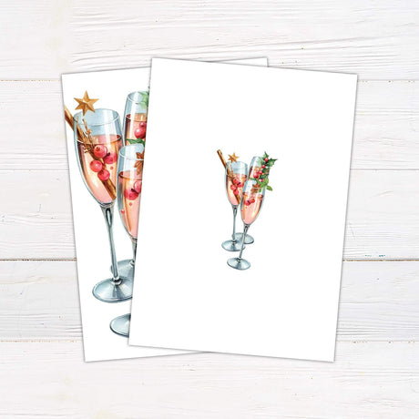 Watercolor champagne holiday party invitation featuring three festive glasses with cranberry garnishes and holiday greenery, captioned “Making Spirits Bright.” back side