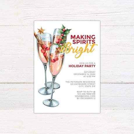 Watercolor champagne holiday party invitation featuring three festive glasses with cranberry garnishes and holiday greenery, captioned “Making Spirits Bright.”