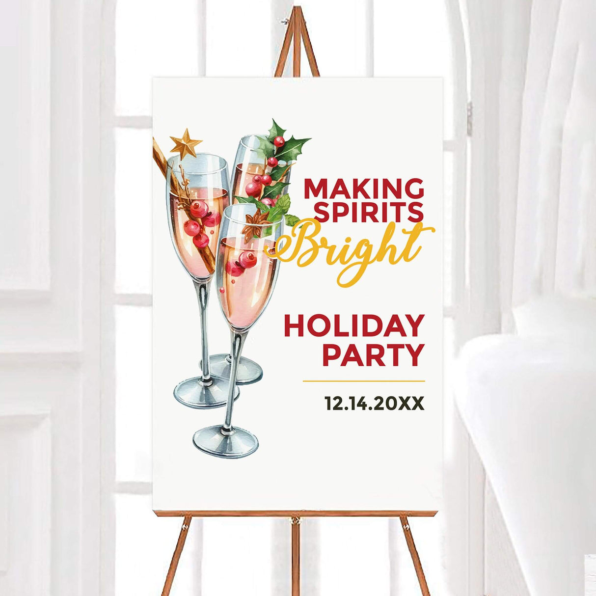 Watercolor champagne holiday party invitation featuring three festive glasses with cranberry garnishes and holiday greenery, captioned “Making Spirits Bright.” welcome sign