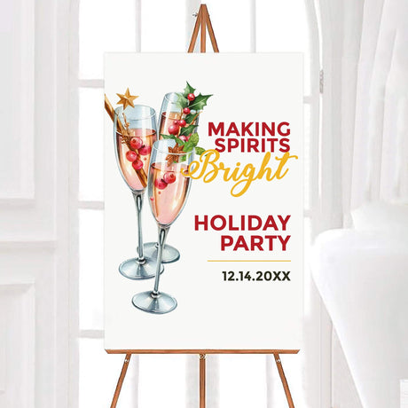 Watercolor champagne holiday party invitation featuring three festive glasses with cranberry garnishes and holiday greenery, captioned “Making Spirits Bright.” welcome sign