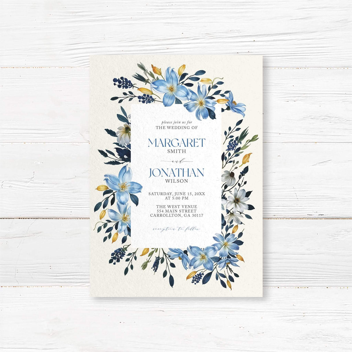 Elegant blue floral wedding invitation featuring hand-painted watercolor flowers and gold accents. Printed on premium cardstock, this custom wedding invite is perfect for rustic, boho, vintage, garden, or modern weddings. The sophisticated botanical design creates a timeless stationery look that sets the tone for your big day. Personalize with wedding details for a unique touch.