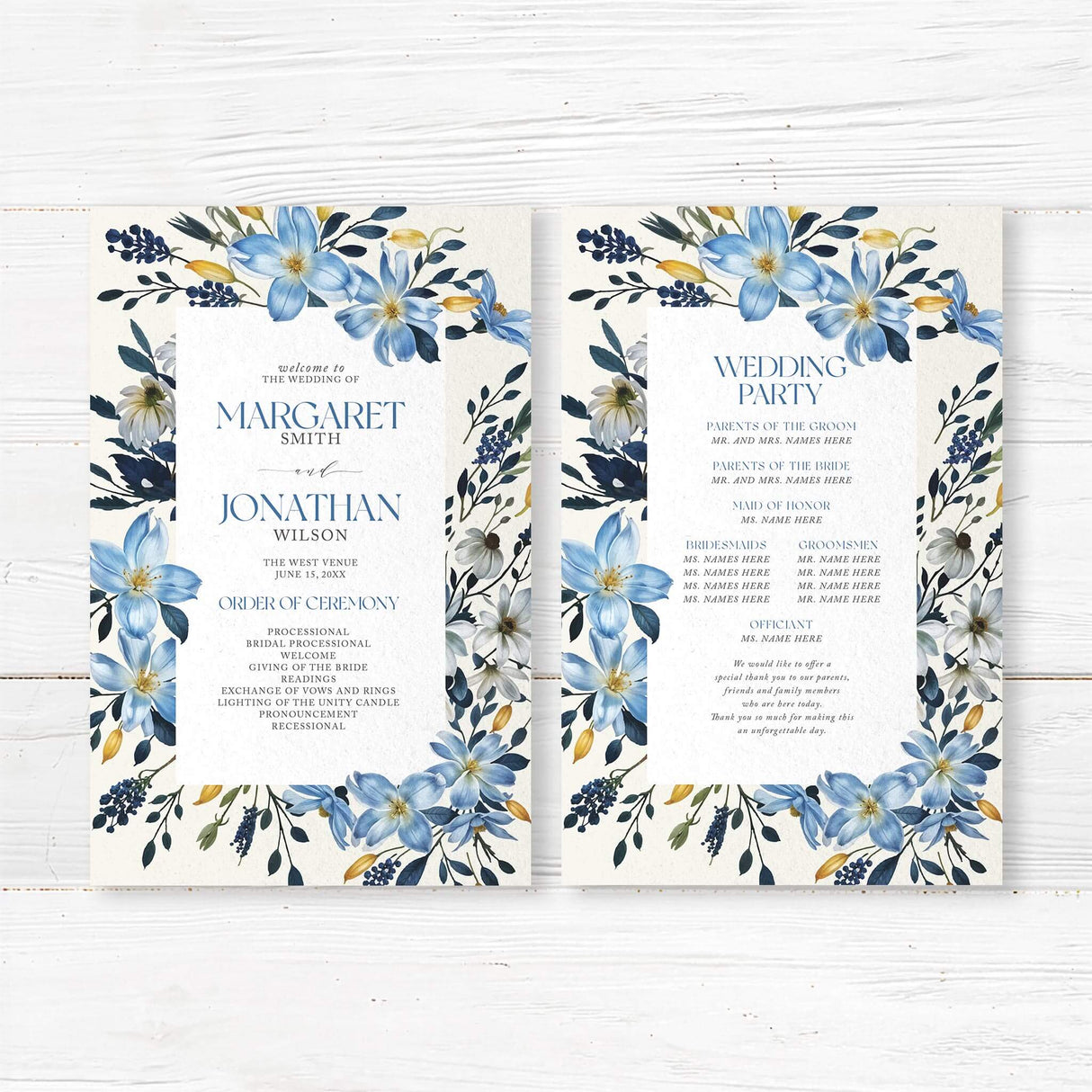 Beautifully designed wedding ceremony program card with watercolor botanical details. This custom wedding itinerary guides guests through the ceremony, listing the order of events, wedding party, special readings, and acknowledgments. Ideal for elegant, modern, bohemian, or vintage weddings, printed on high-quality paper for a luxurious, keepsake-worthy touch.