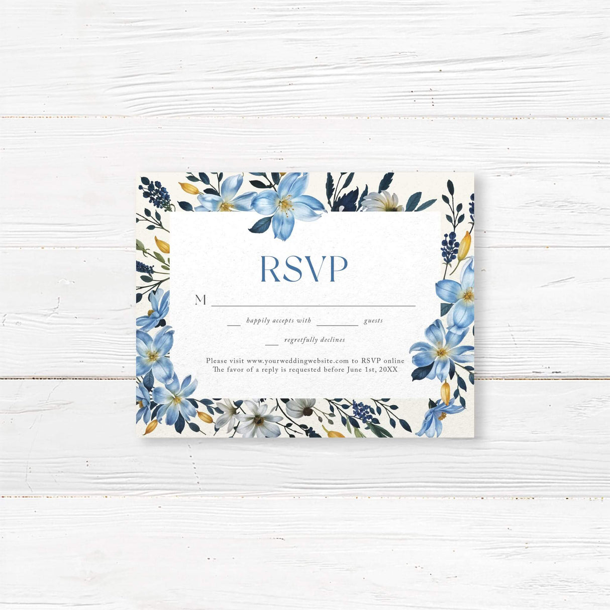 Sophisticated wedding RSVP card with blue and gold watercolor floral elements, printed on thick premium paper. Designed for guest response tracking, this card includes meal preference selection and attendance confirmation. The classic, timeless layout ensures a cohesive stationery suite for your rustic, modern, or formal wedding theme. Available with or without an envelope.