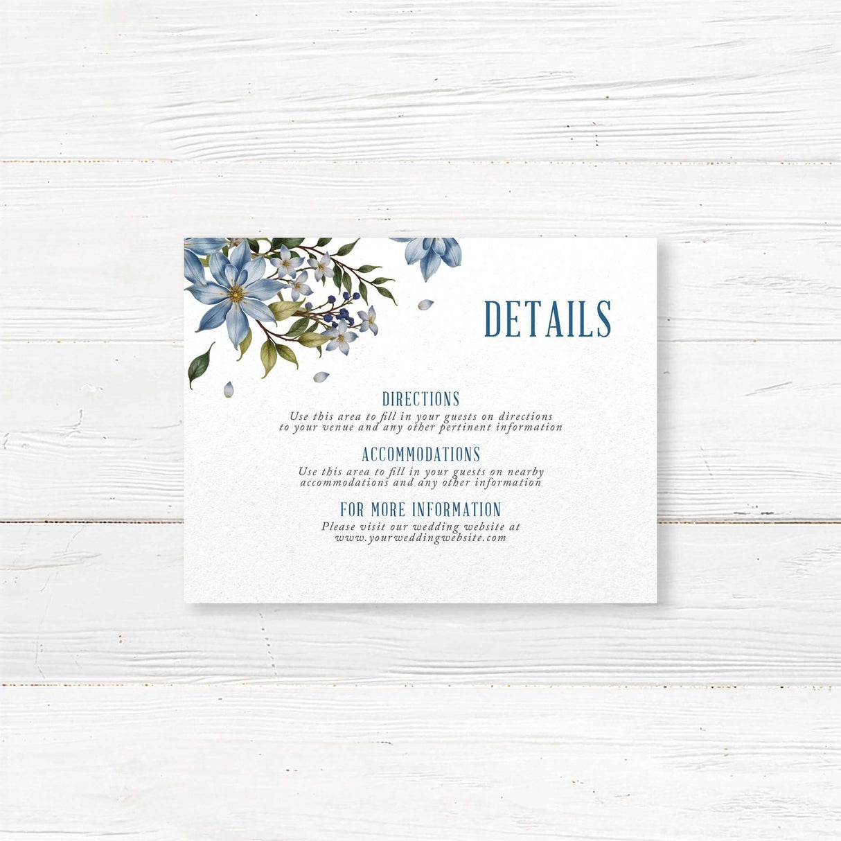 Floral wedding details card with delicate blue watercolor flowers. Printed on luxury cardstock, perfect for sharing venue details, reception information, and accommodations. Designed to match the blue floral invitation suite.