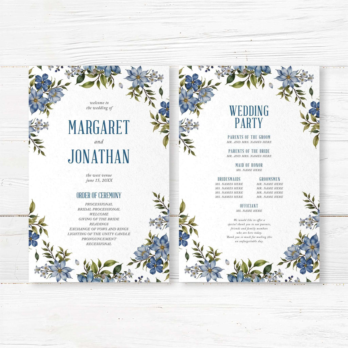 Luxury floral wedding program with navy and dusty blue watercolor flowers. Custom printed on premium cardstock with ceremony details, bridal party names, and order of events.