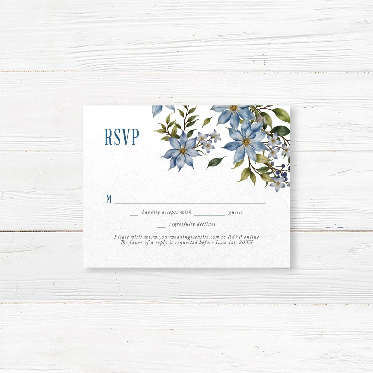 Elegant blue floral RSVP card featuring watercolor flowers and greenery. Printed on premium textured cardstock with customizable response wording and meal options.