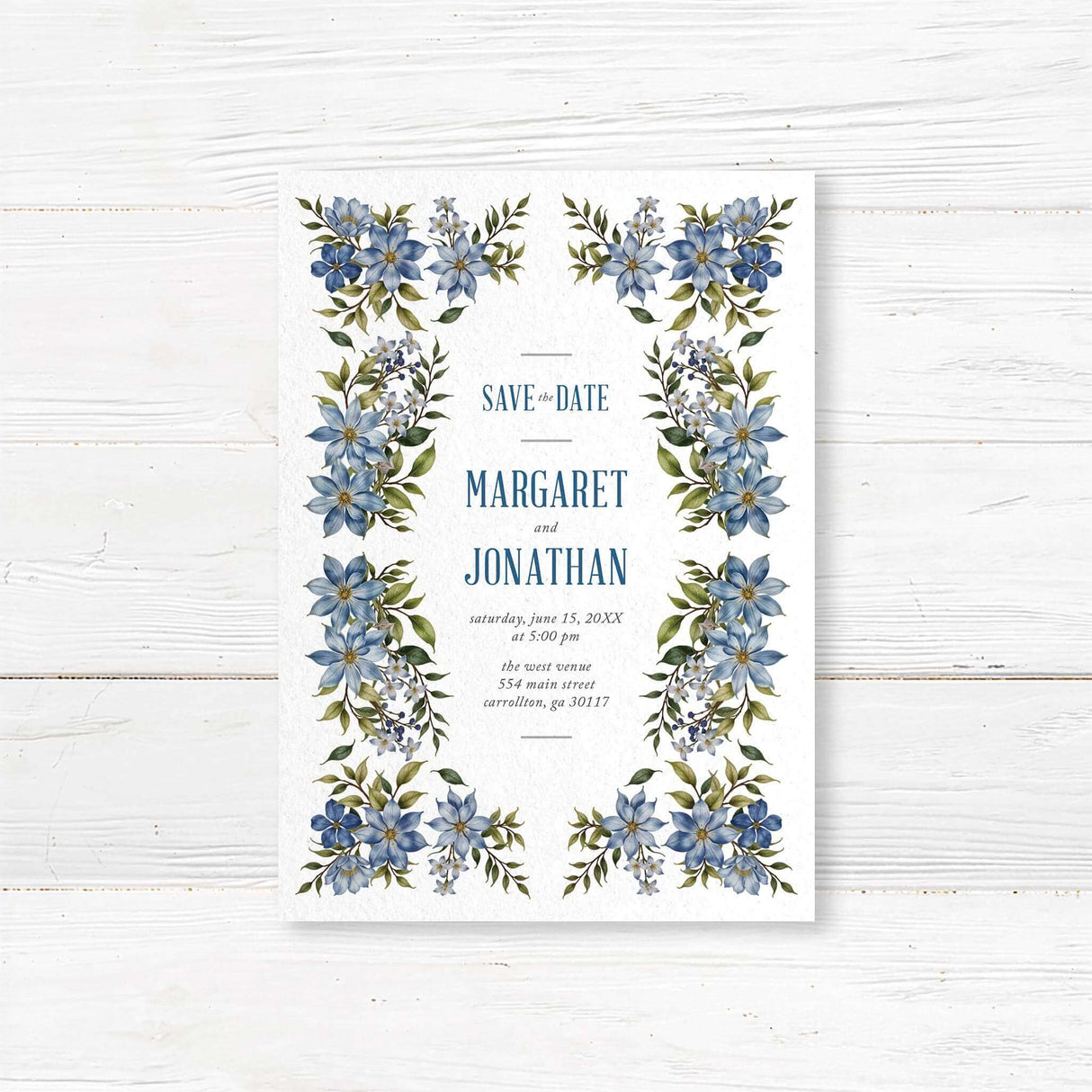 Romantic floral save the date card with watercolor blue flowers and soft green leaves. Printed on high-quality cardstock, ideal for elegant, modern, and garden weddings. Fully customizable with names, wedding date, and location